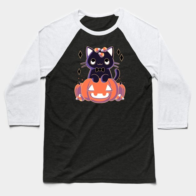 Pumpkin Cat Baseball T-Shirt by xMorfina